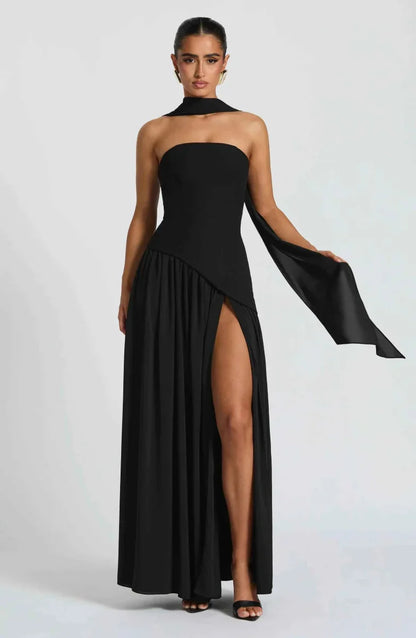 Elegante Maxikleid für Damen – Schulterfreies Abendkleid mit Schlitz & Choker-Detail