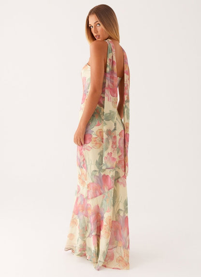 Abito Maxi Floreale per Donne – Elegante Abito da Sera Senza Spalline con Sciarpa in Chiffon
