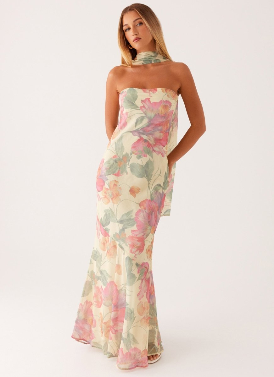 Abito Maxi Floreale per Donne – Elegante Abito da Sera Senza Spalline con Sciarpa in Chiffon