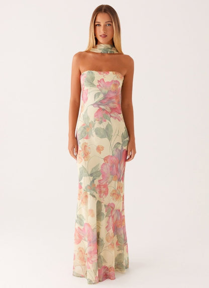 Abito Maxi Floreale per Donne – Elegante Abito da Sera Senza Spalline con Sciarpa in Chiffon