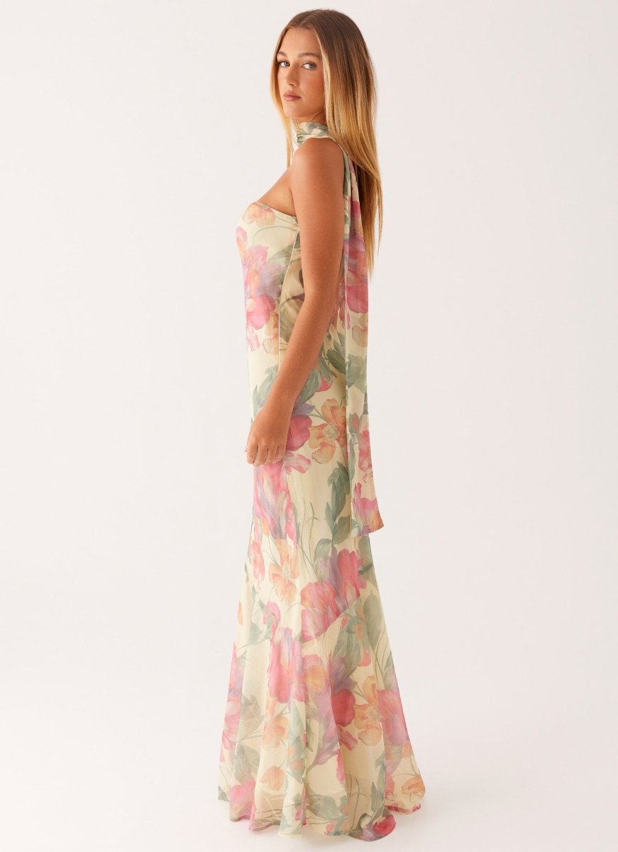 Abito Maxi Floreale per Donne – Elegante Abito da Sera Senza Spalline con Sciarpa in Chiffon