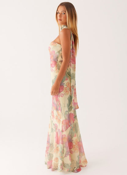 Abito Maxi Floreale per Donne – Elegante Abito da Sera Senza Spalline con Sciarpa in Chiffon