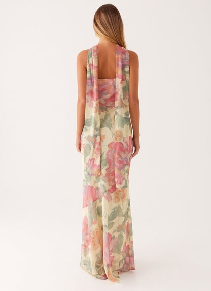 Abito Maxi Floreale per Donne – Elegante Abito da Sera Senza Spalline con Sciarpa in Chiffon