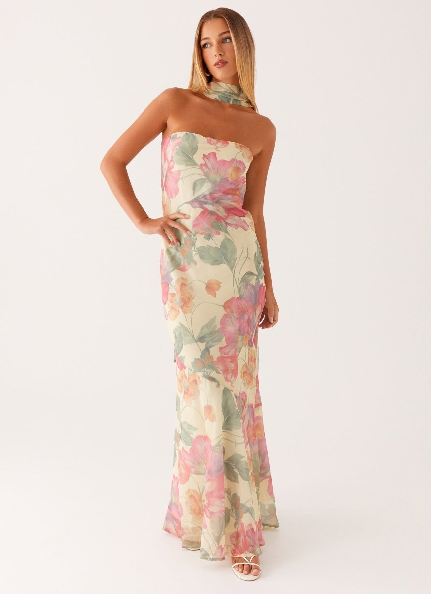 Abito Maxi Floreale per Donne – Elegante Abito da Sera Senza Spalline con Sciarpa in Chiffon
