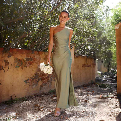 Elegante Maxi Abito in Satin con Spalla Scoperta per Donne – Abito da Sera Attillato con Spacco