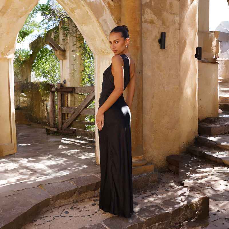 Elegante Maxi Abito in Satin con Spalla Scoperta per Donne – Abito da Sera Attillato con Spacco