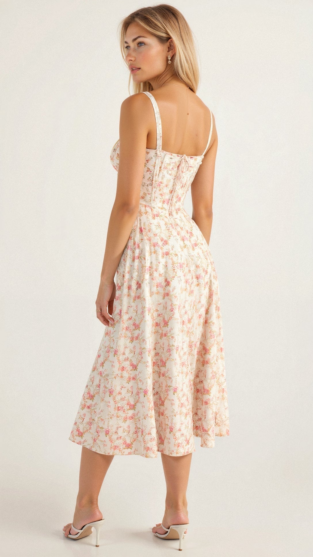 Noémie - Abito Balconette Elegante per Donne in Primavera con Vita Sottolineata, Spacco e Motivo Floreale