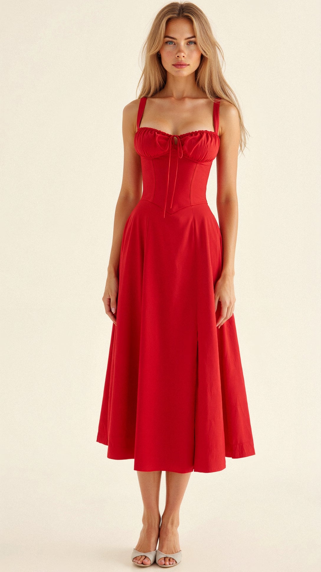 Noémie - Abito Balconette Elegante per Donne in Primavera con Vita Sottolineata, Spacco e Motivo Floreale