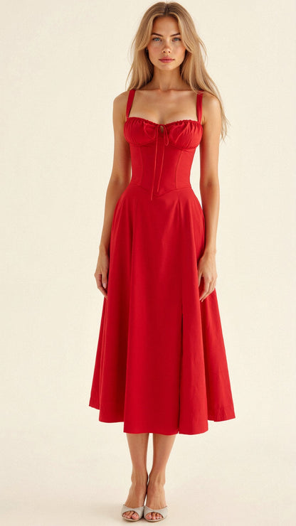 Noémie - Abito Balconette Elegante per Donne in Primavera con Vita Sottolineata, Spacco e Motivo Floreale