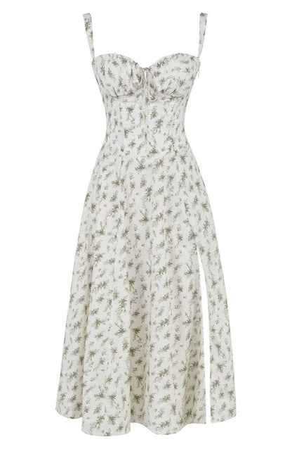 Noémie - Abito Balconette Elegante per Donne in Primavera con Vita Sottolineata, Spacco e Motivo Floreale