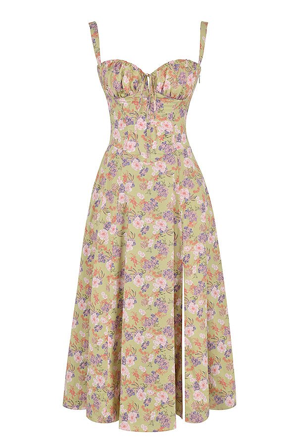 Noémie - Abito Balconette Elegante per Donne in Primavera con Vita Sottolineata, Spacco e Motivo Floreale