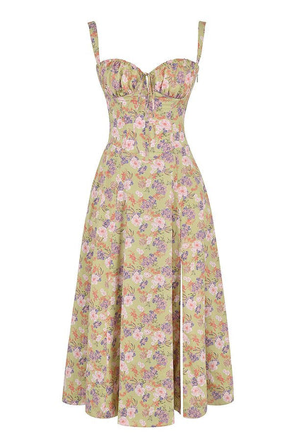 Noémie - Abito Balconette Elegante per Donne in Primavera con Vita Sottolineata, Spacco e Motivo Floreale