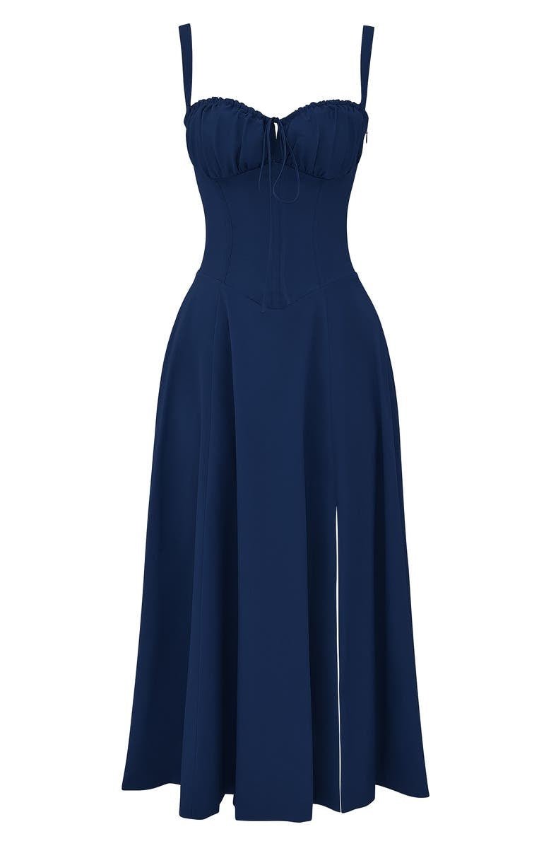 Noémie - Abito Balconette Elegante per Donne in Primavera con Vita Sottolineata, Spacco e Motivo Floreale