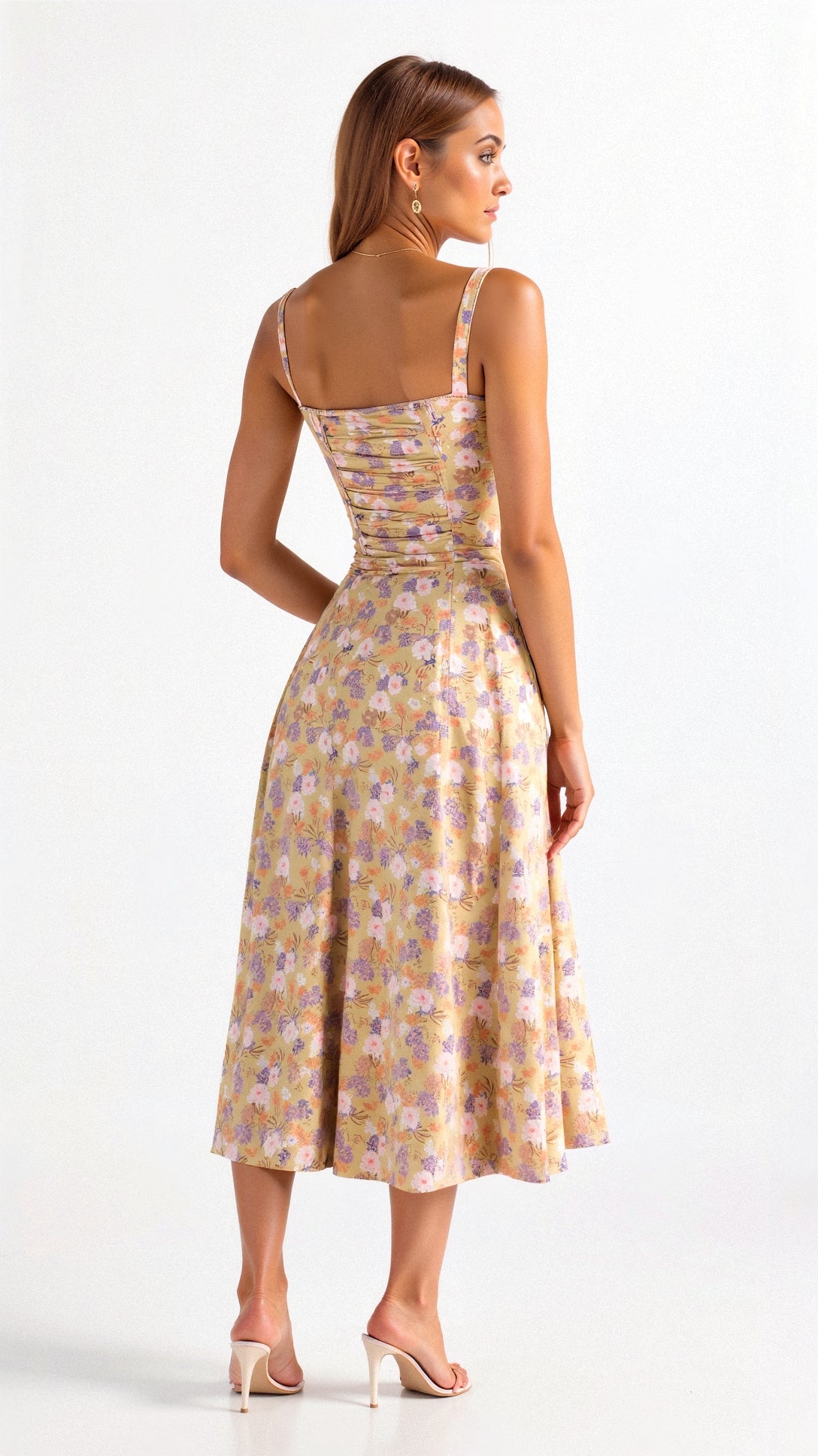 Noémie - Abito Balconette Elegante per Donne in Primavera con Vita Sottolineata, Spacco e Motivo Floreale