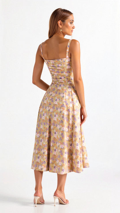 Noémie - Abito Balconette Elegante per Donne in Primavera con Vita Sottolineata, Spacco e Motivo Floreale