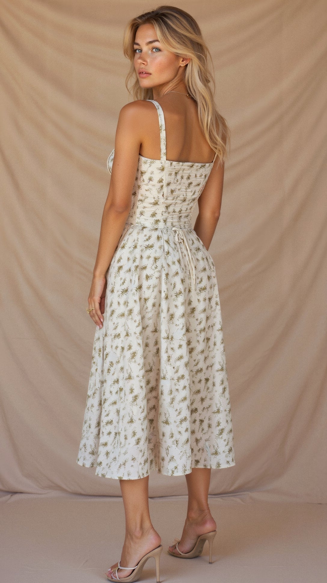 Noémie - Abito Balconette Elegante per Donne in Primavera con Vita Sottolineata, Spacco e Motivo Floreale