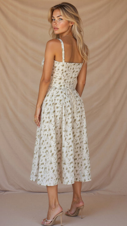 Noémie - Abito Balconette Elegante per Donne in Primavera con Vita Sottolineata, Spacco e Motivo Floreale