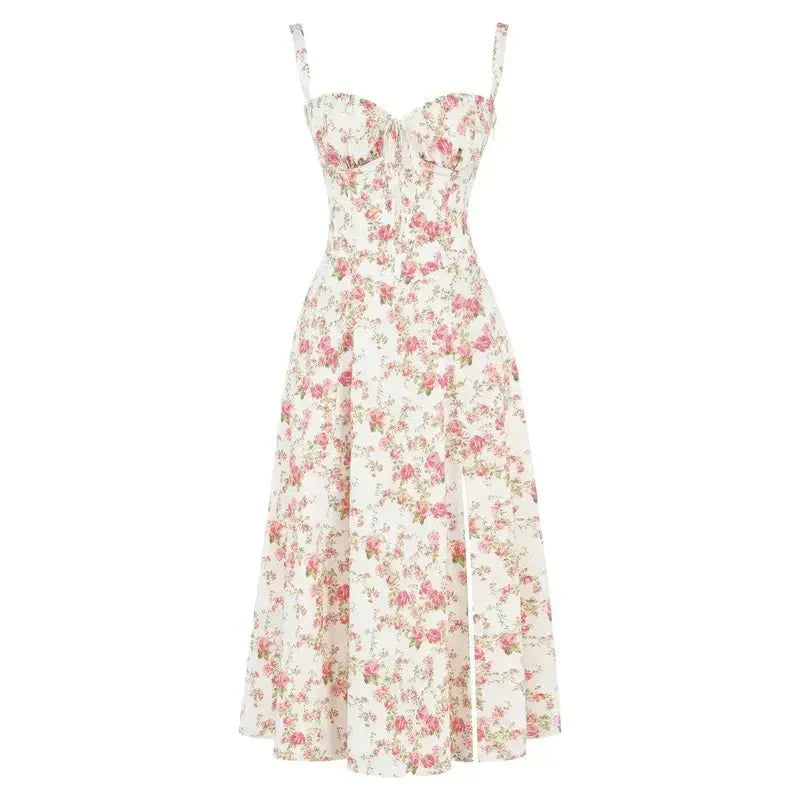 Noémie - Abito Balconette Elegante per Donne in Primavera con Vita Sottolineata, Spacco e Motivo Floreale