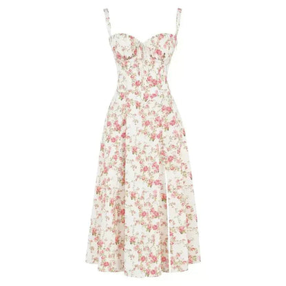 Noémie - Abito Balconette Elegante per Donne in Primavera con Vita Sottolineata, Spacco e Motivo Floreale