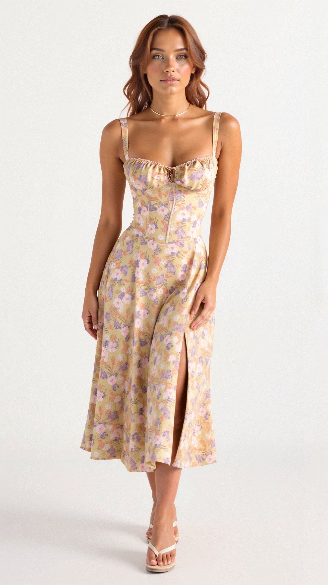 Noémie - Abito Balconette Elegante per Donne in Primavera con Vita Sottolineata, Spacco e Motivo Floreale