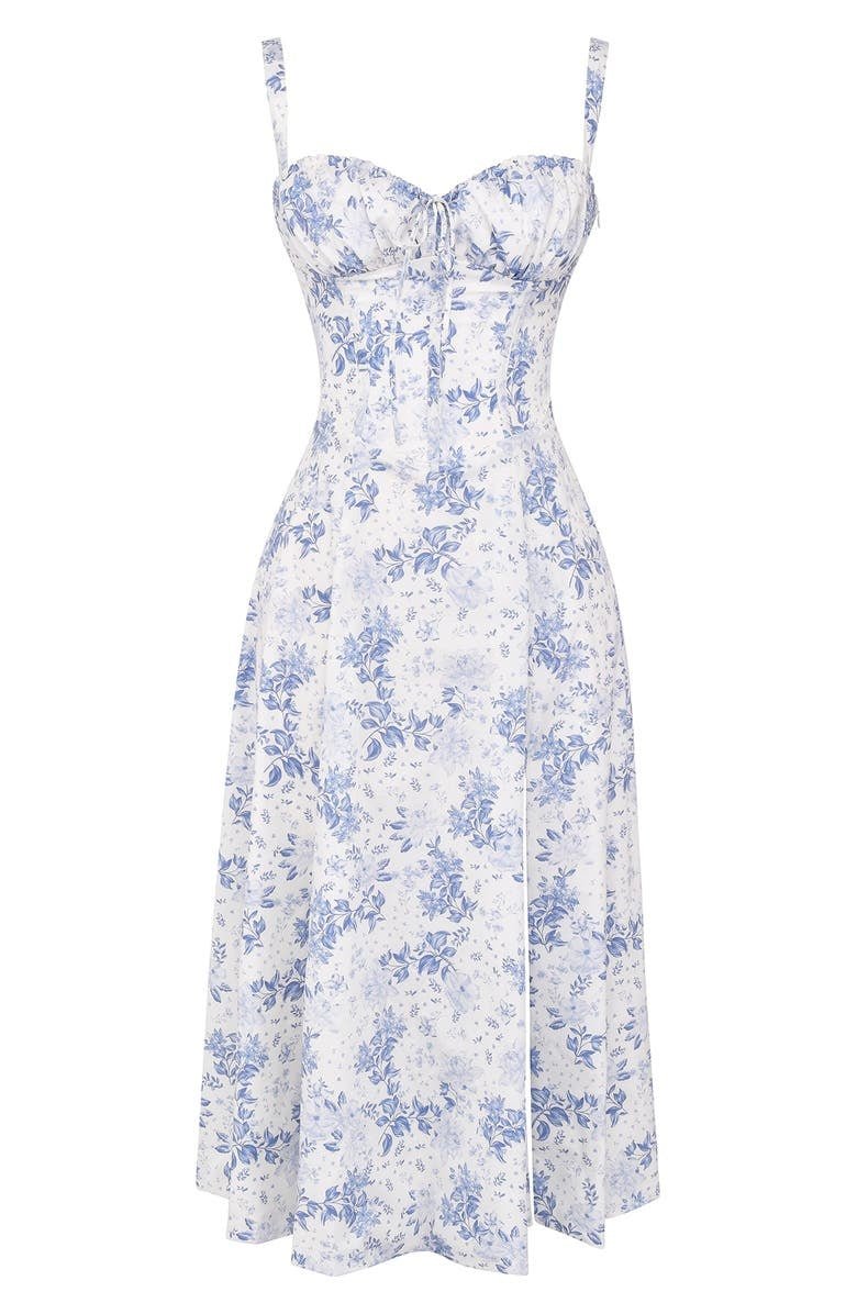 Noémie - Abito Balconette Elegante per Donne in Primavera con Vita Sottolineata, Spacco e Motivo Floreale