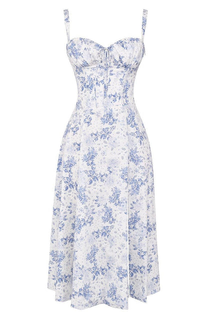 Noémie - Abito Balconette Elegante per Donne in Primavera con Vita Sottolineata, Spacco e Motivo Floreale