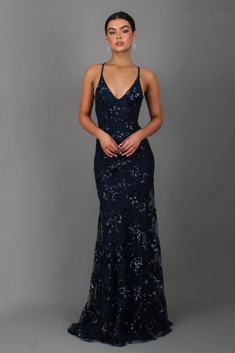 Abito da sera elegante per donne – Abito lungo aderente con paillettes e scollatura sulla schiena