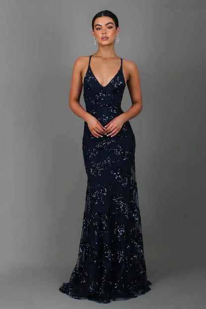 Abito da sera elegante per donne – Abito lungo aderente con paillettes e scollatura sulla schiena