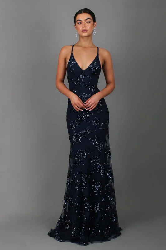 Abito da sera elegante per donne – Abito lungo aderente con paillettes e scollatura sulla schiena