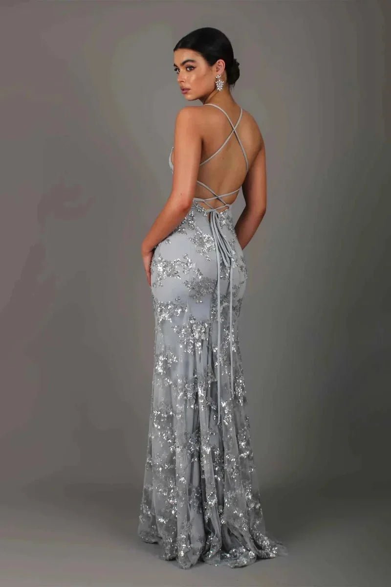 Abito da sera elegante per donne – Abito lungo aderente con paillettes e scollatura sulla schiena