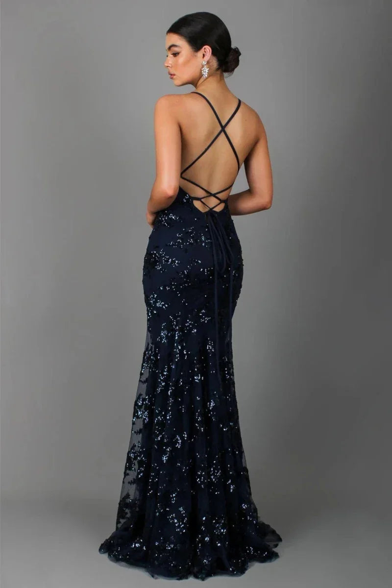 Abito da sera elegante per donne – Abito lungo aderente con paillettes e scollatura sulla schiena