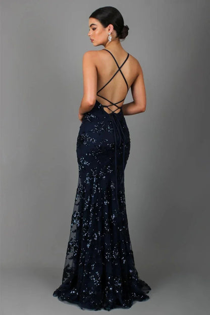 Abito da sera elegante per donne – Abito lungo aderente con paillettes e scollatura sulla schiena
