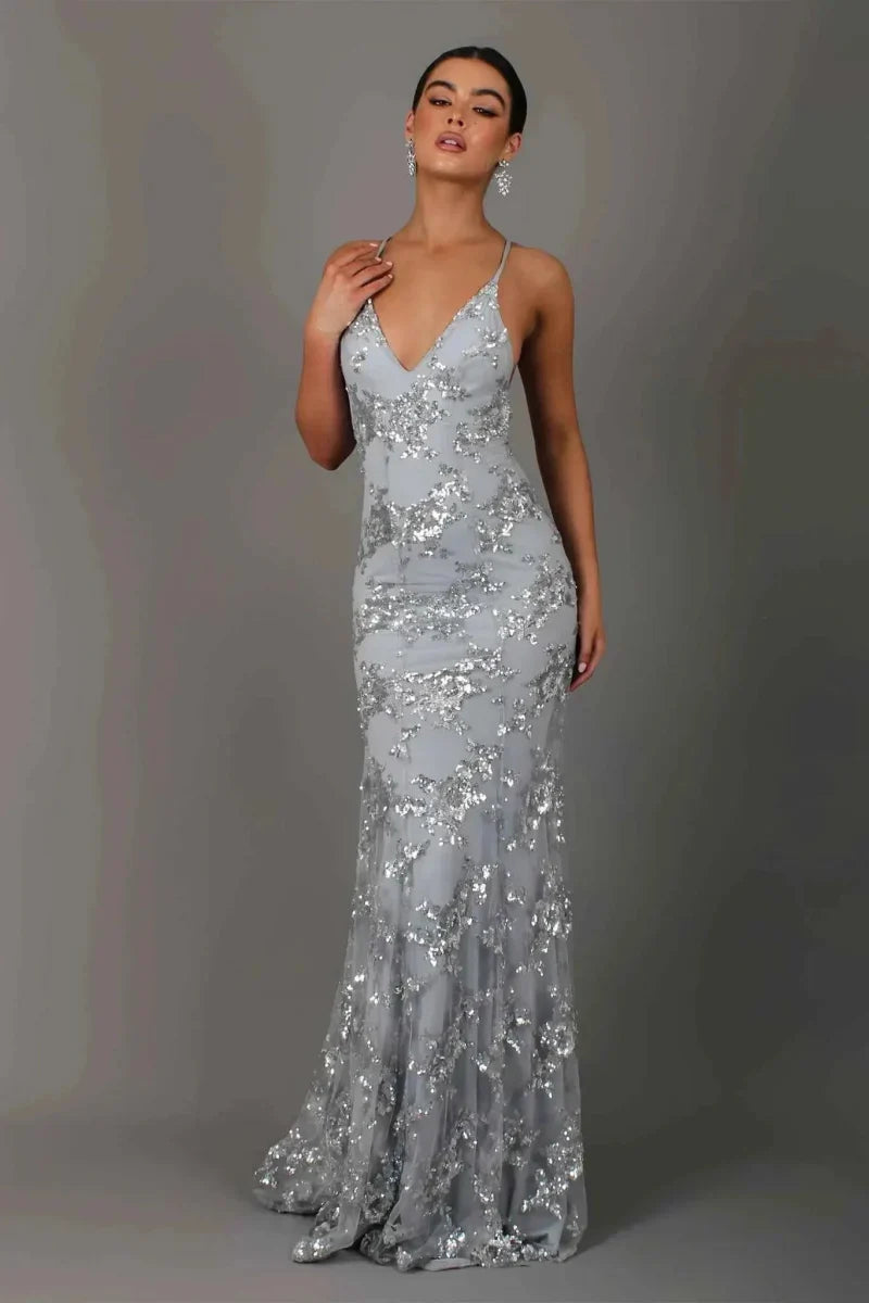 Abito da sera elegante per donne – Abito lungo aderente con paillettes e scollatura sulla schiena