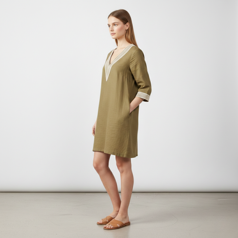 Abito in lino con scollo a V e ricamo – Elegante abito estivo per donne