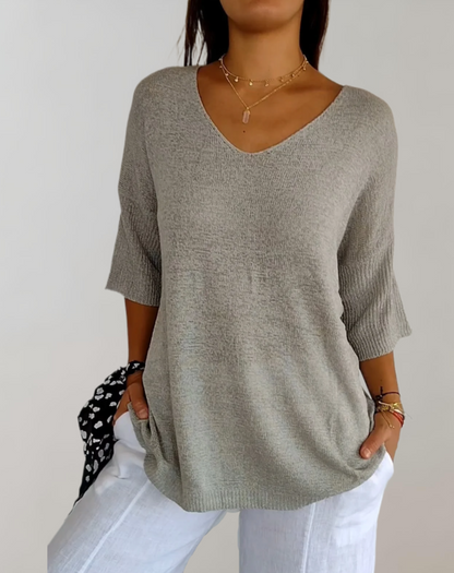 Isabeau - Maglione leggero e a maglia per la primavera, elegante, con scollatura ampia e maniche corte