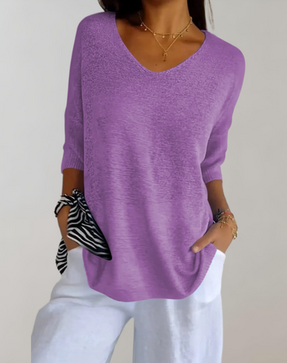 Isabeau - Maglione leggero e a maglia per la primavera, elegante, con scollatura ampia e maniche corte