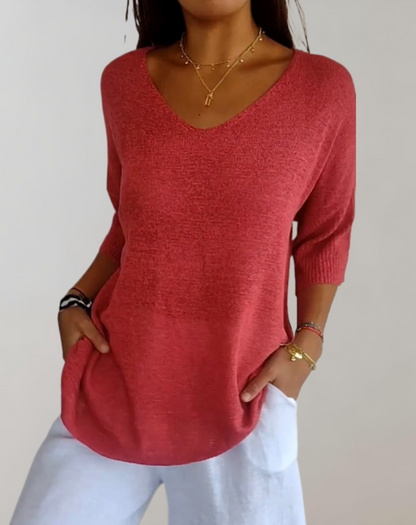 Isabeau - Maglione leggero e a maglia per la primavera, elegante, con scollatura ampia e maniche corte
