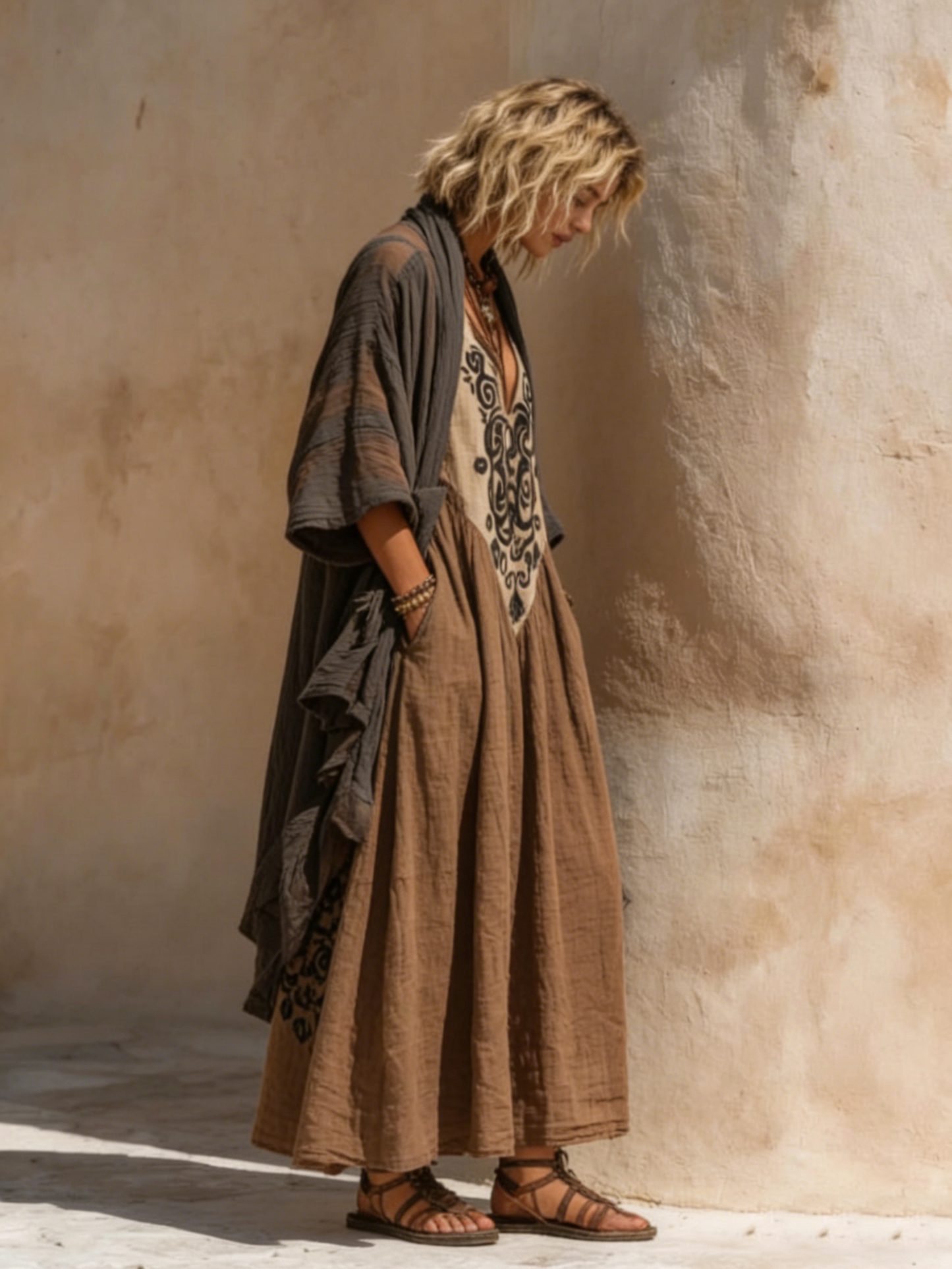 Abito Maxy Boho con Ricamo e Scollatura a V – Vestito Etno Lungo in Stile Vintage per Donne