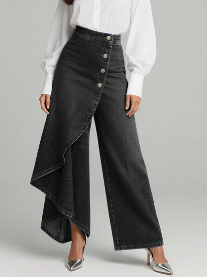 Pantaloni Culotte in Denim a Vita Alta per Donne – Jeans Asimmetrici con Gamba Larga