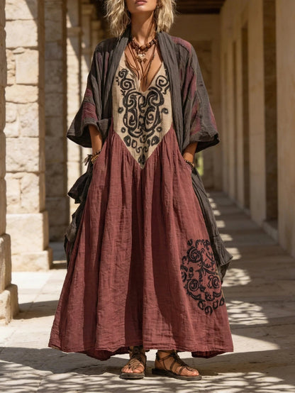 Abito Maxy Boho con Ricamo e Scollatura a V – Vestito Etno Lungo in Stile Vintage per Donne