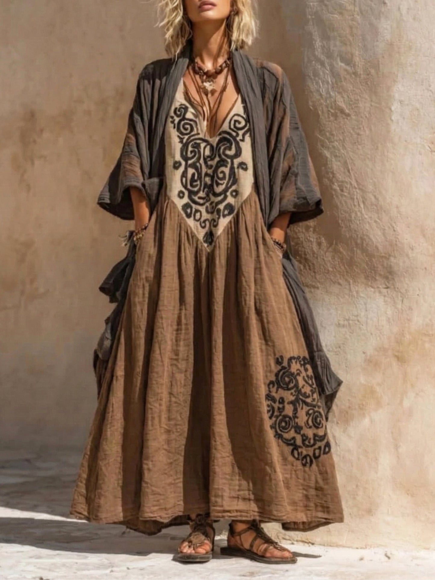 Abito Maxy Boho con Ricamo e Scollatura a V – Vestito Etno Lungo in Stile Vintage per Donne