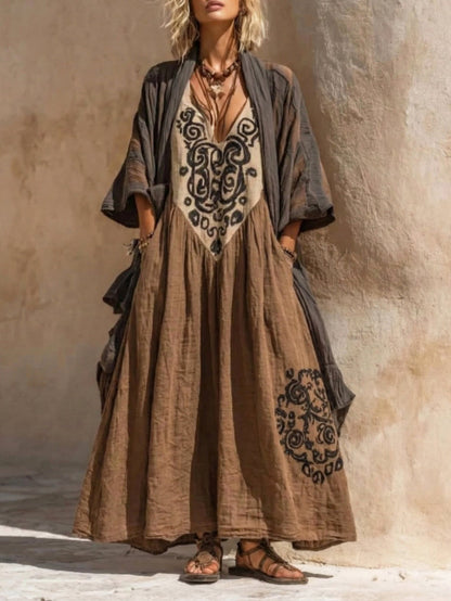 Abito Maxy Boho con Ricamo e Scollatura a V – Vestito Etno Lungo in Stile Vintage per Donne