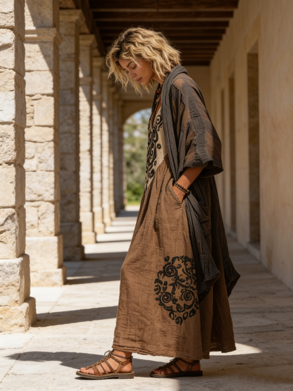 Abito Maxy Boho con Ricamo e Scollatura a V – Vestito Etno Lungo in Stile Vintage per Donne