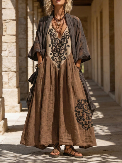 Abito Maxy Boho con Ricamo e Scollatura a V – Vestito Etno Lungo in Stile Vintage per Donne