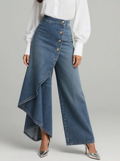 Pantaloni Culotte in Denim a Vita Alta per Donne – Jeans Asimmetrici con Gamba Larga