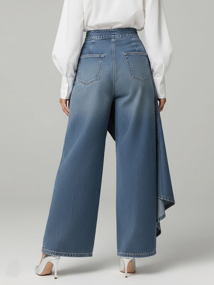 Pantaloni Culotte in Denim a Vita Alta per Donne – Jeans Asimmetrici con Gamba Larga