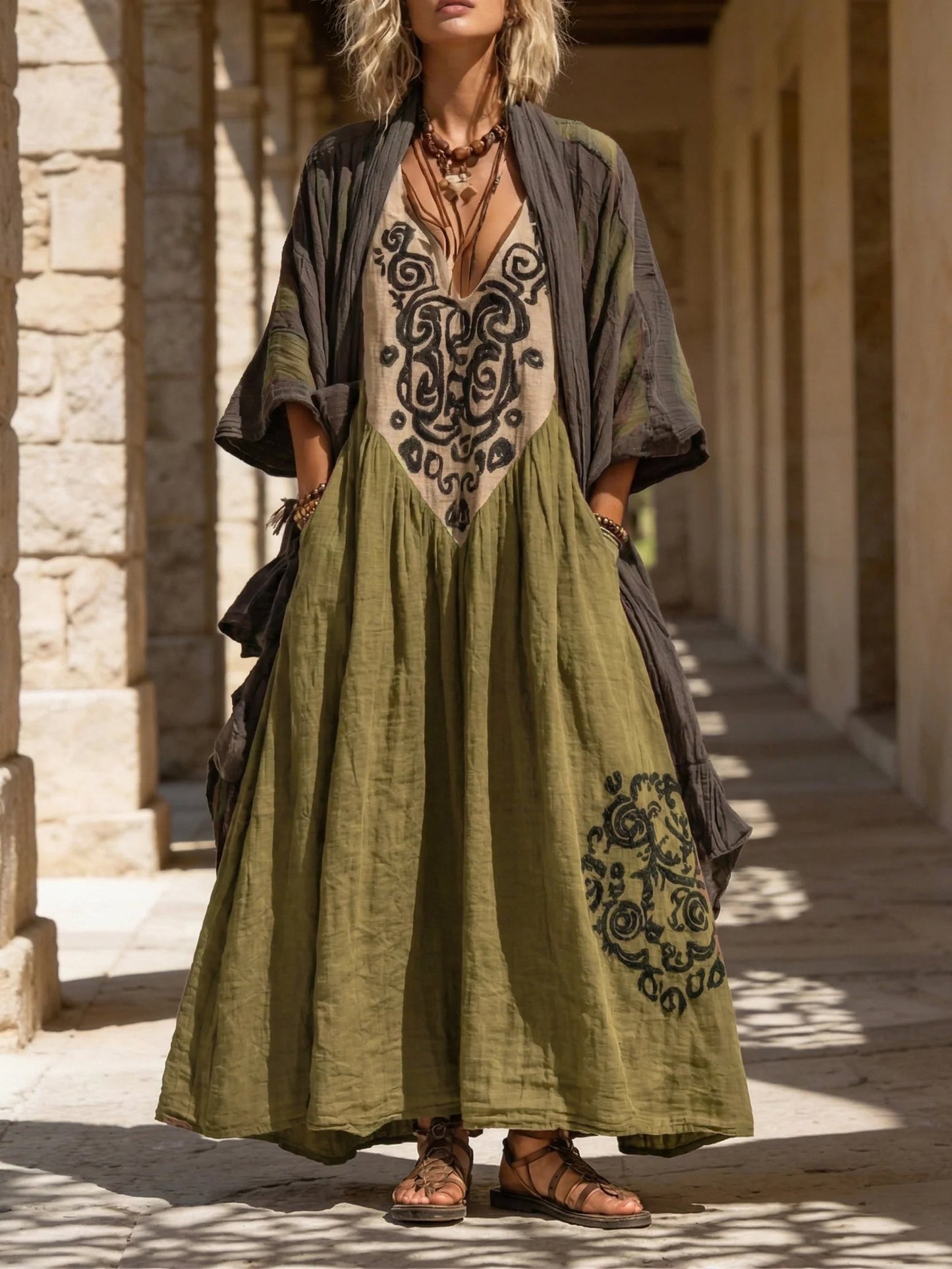 Abito Maxy Boho con Ricamo e Scollatura a V – Vestito Etno Lungo in Stile Vintage per Donne