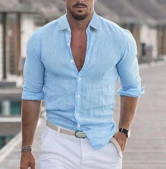 Camicia in lino con colletto alla coreana – Elegante camicia estiva slim fit traspirante per uomini