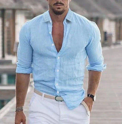 Camicia in lino con colletto alla coreana – Elegante camicia estiva slim fit traspirante per uomini