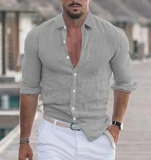Camicia in lino con bottoni per uomini – Camicia estiva leggera con vestibilità slim